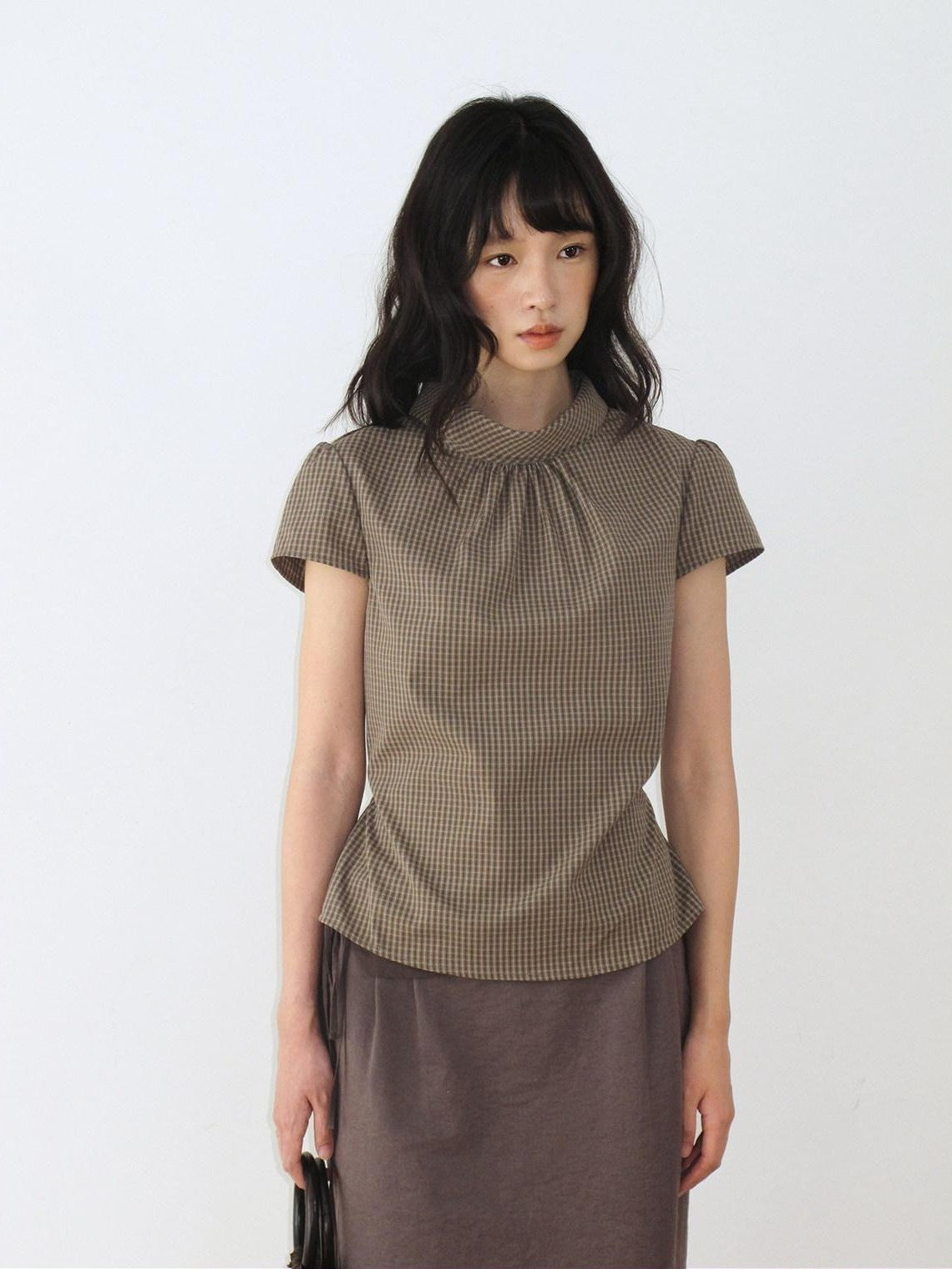Dorydory Brown Green Plaid Bowl Collar Short Sleeve Vintage Women&