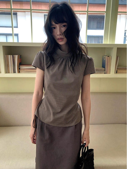 Dorydory Brown Green Plaid Bowl Collar Short Sleeve Vintage Women&