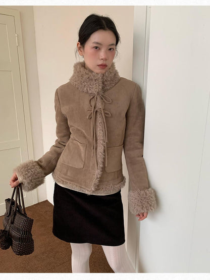Dorydory Camel Bow Tie Lace Up High Neck Women&