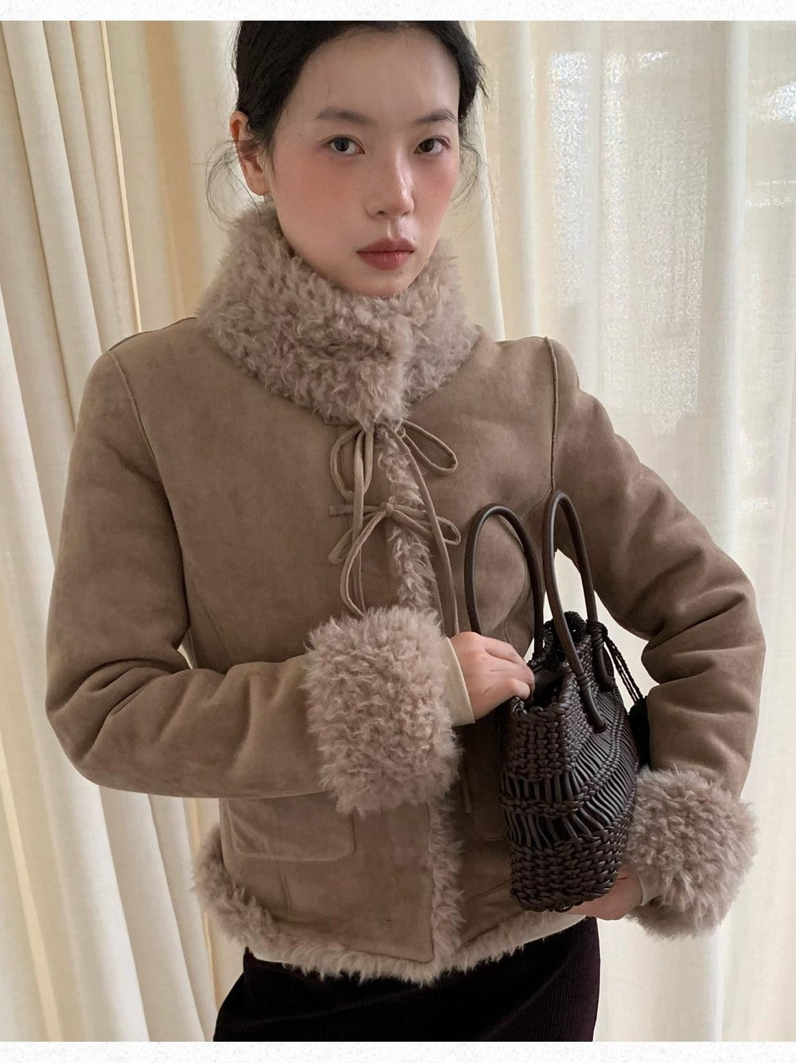 Dorydory Camel Bow Tie Lace Up High Neck Women&