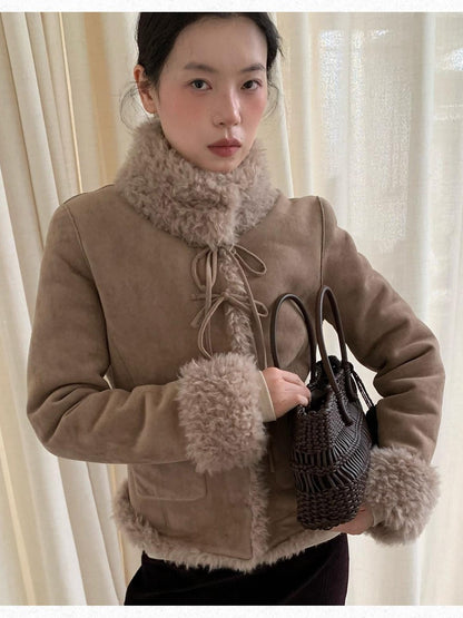 Dorydory Camel Bow Tie Lace Up High Neck Women&