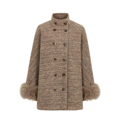Dorydory_Camel_Loop_Textured_Double_Breasted_Stand_Collar_Women&