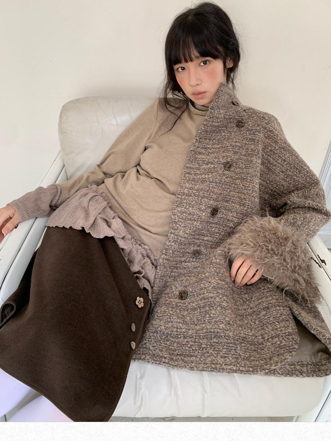 Dorydory Camel Loop Textured Double Breasted Stand Collar Women&