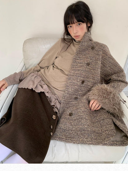 Dorydory Camel Loop Textured Double Breasted Stand Collar Women&