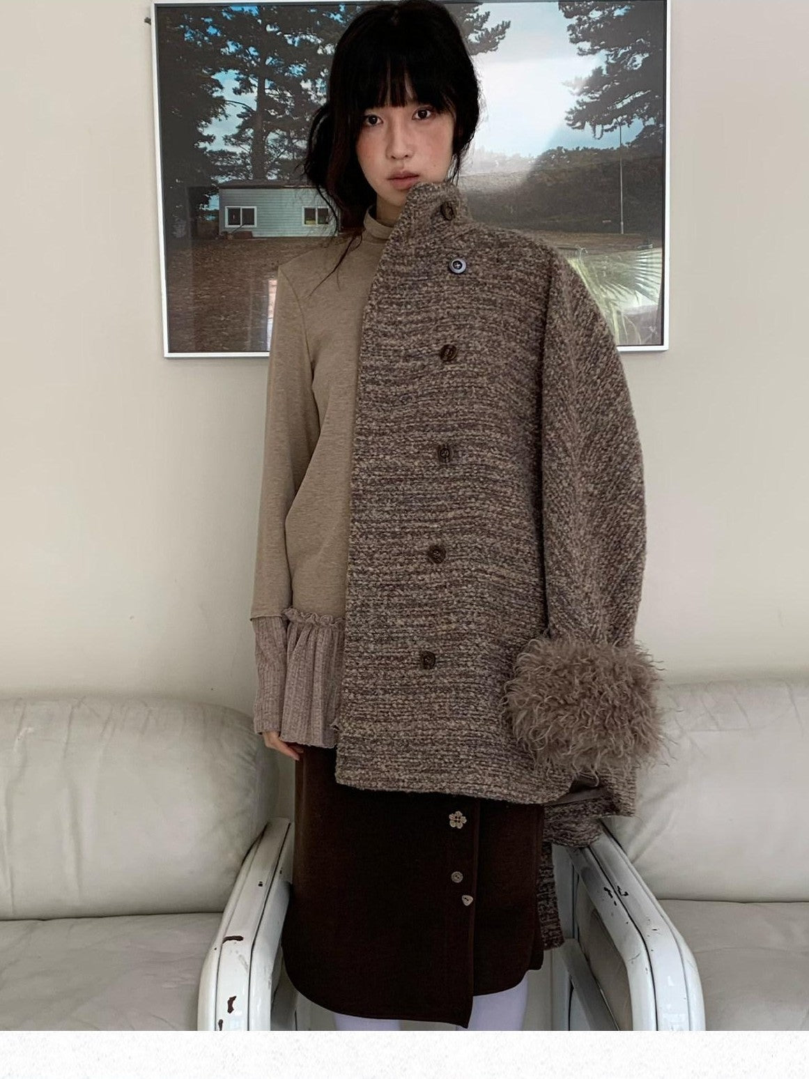 Dorydory Camel Loop Textured Double Breasted Stand Collar Women&