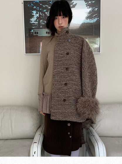 Dorydory Camel Loop Textured Double Breasted Stand Collar Women&