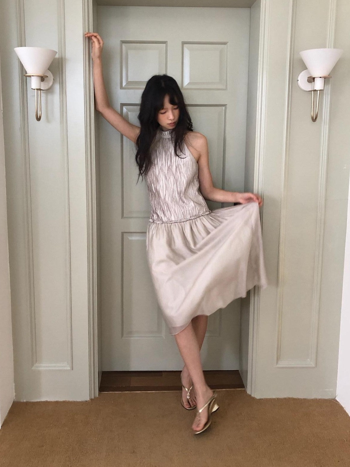 Dorydory Champagne Off Shoulder Irregular A Line Slim Women&