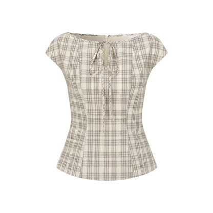 Dorydory_Checked_Tie_Neck_Bow_Waist_Cinch_Raglan_Women&
