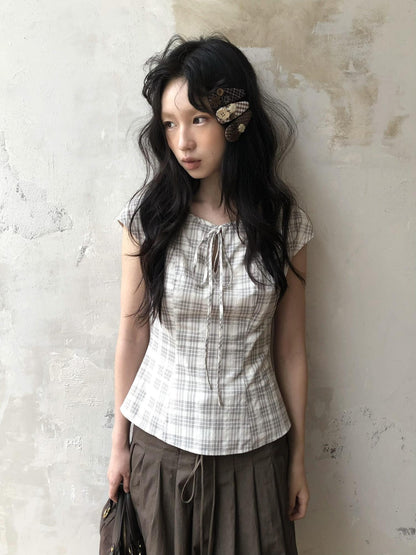 Dorydory Checked Tie Neck Bow Waist Cinch Raglan Women&