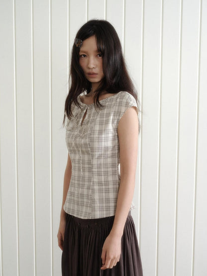 Dorydory Checked Tie Neck Bow Waist Cinch Raglan Women&