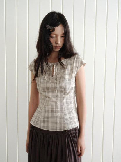 Dorydory Checked Tie Neck Bow Waist Cinch Raglan Women&
