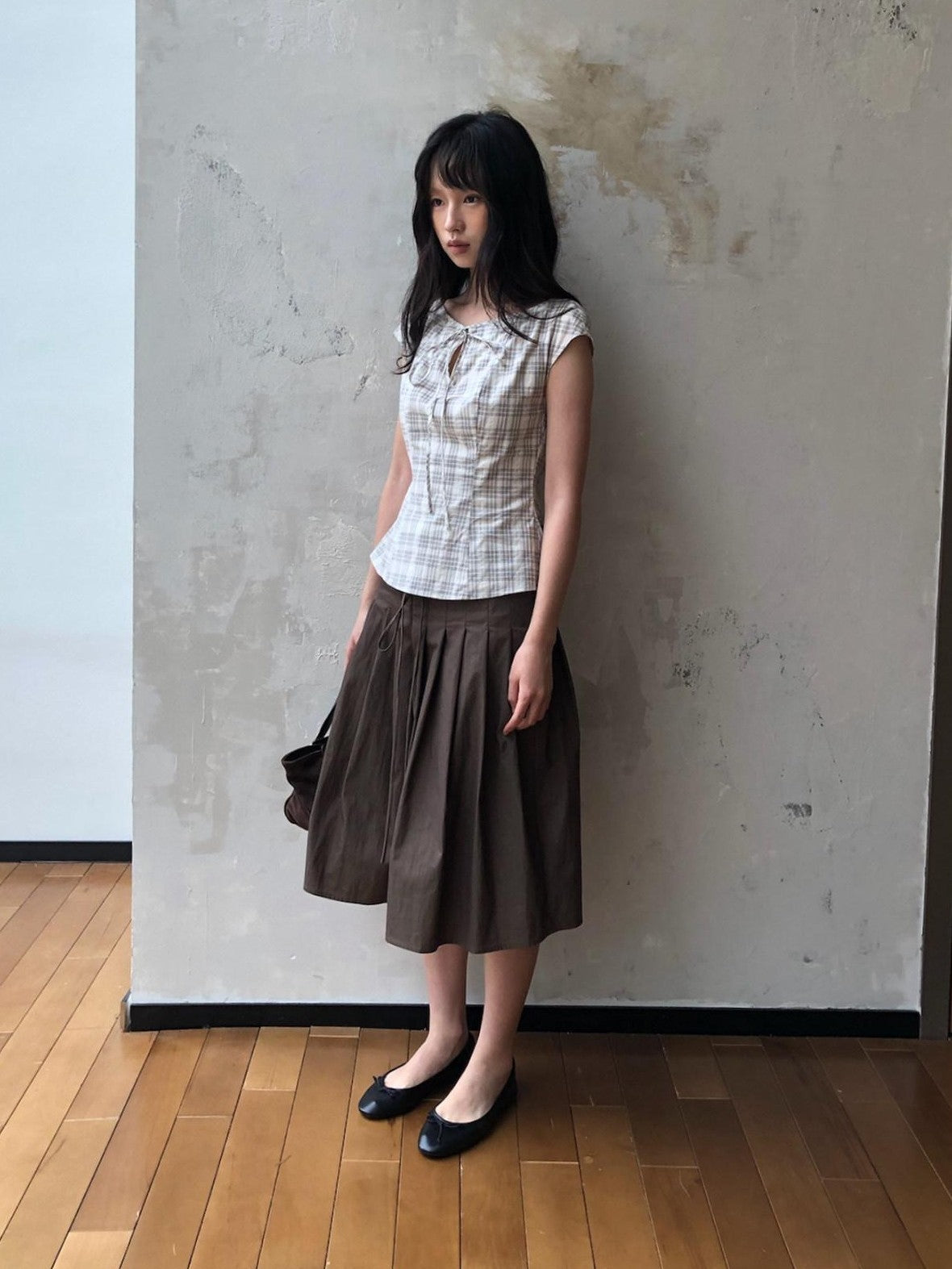 Dorydory Checked Tie Neck Bow Waist Cinch Raglan Women&