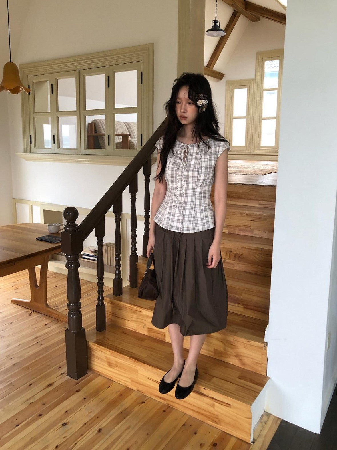 Dorydory Checked Tie Neck Bow Waist Cinch Raglan Women&