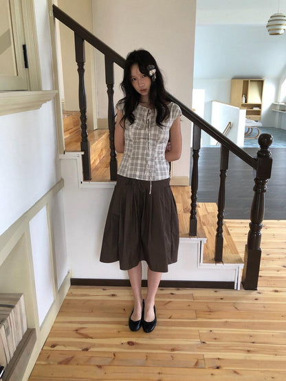 Dorydory Checked Tie Neck Bow Waist Cinch Raglan Women&