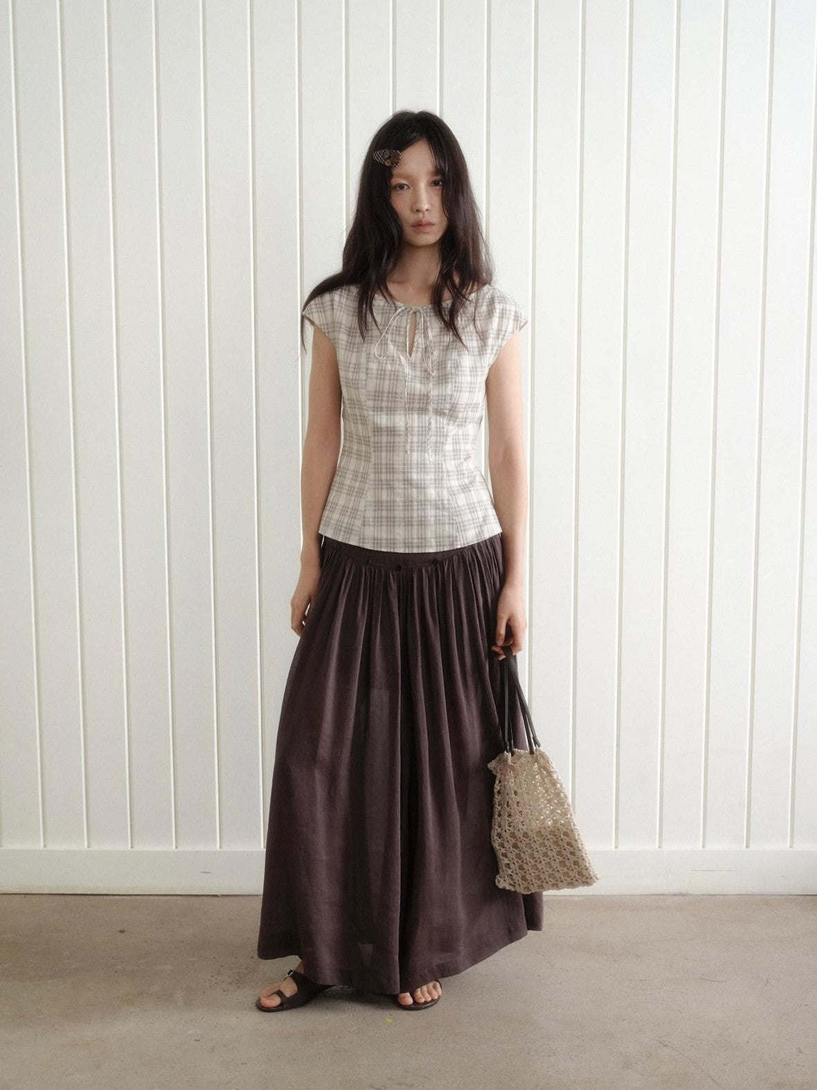 Dorydory Checked Tie Neck Bow Waist Cinch Raglan Women&