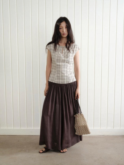 Dorydory Checked Tie Neck Bow Waist Cinch Raglan Women&