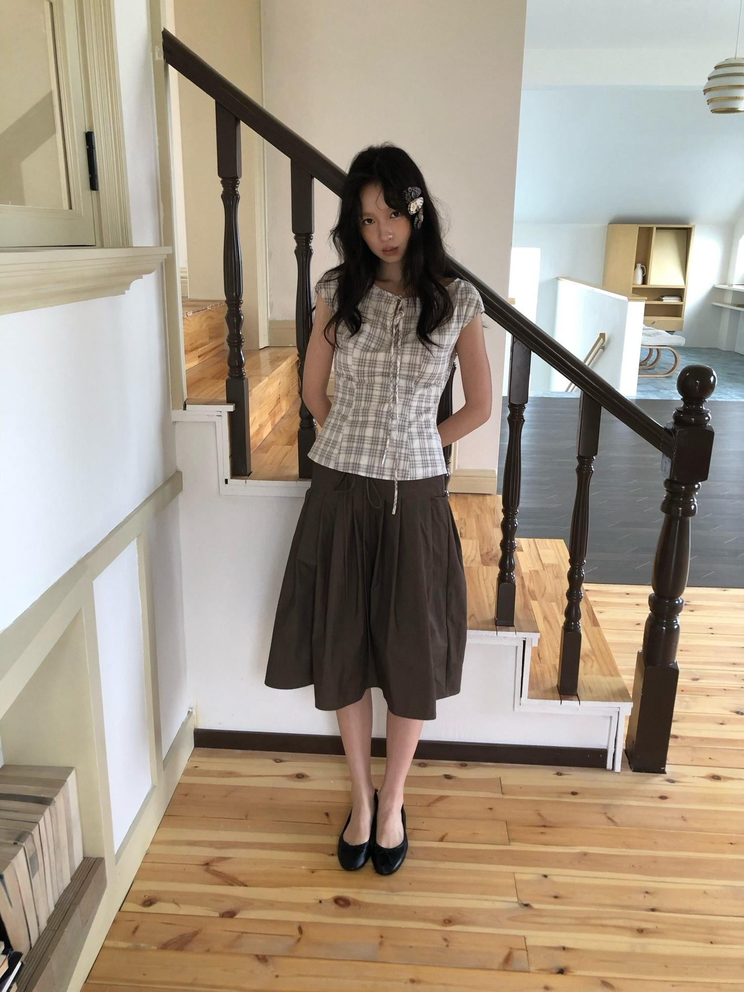 Dorydory Checked Tie Neck Bow Waist Cinch Raglan Women&