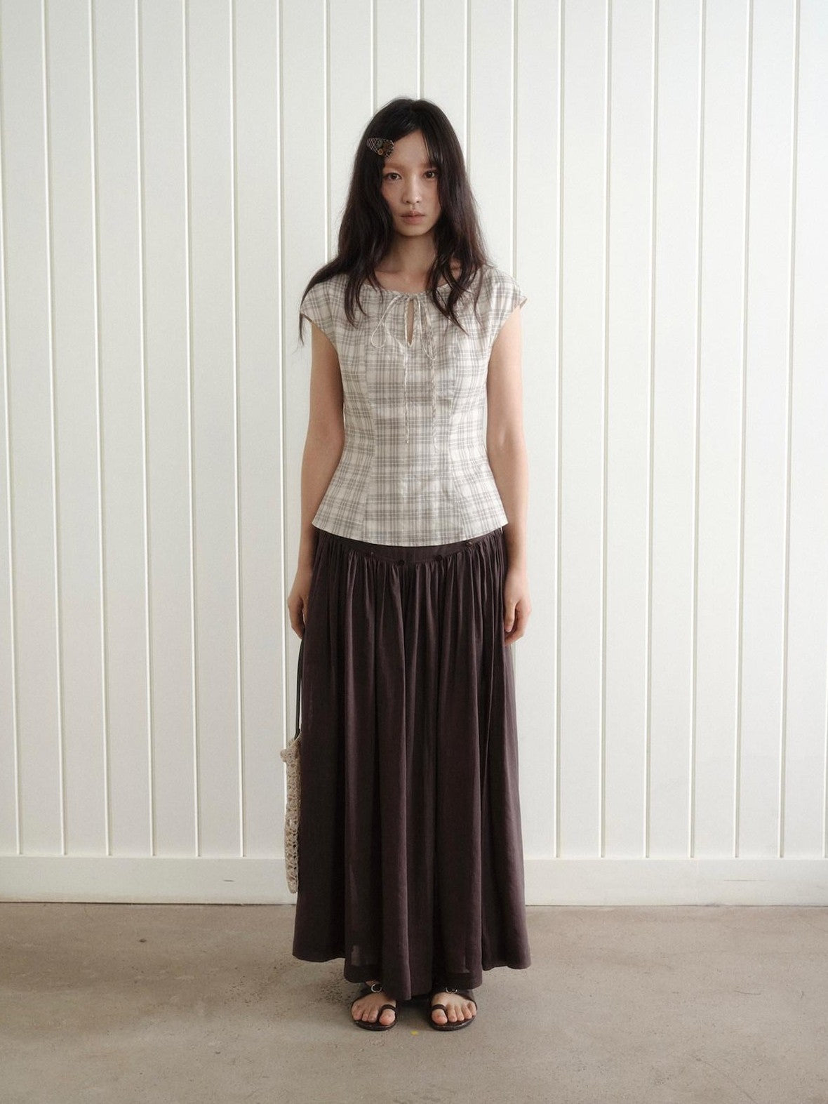 Dorydory Checked Tie Neck Bow Waist Cinch Raglan Women&