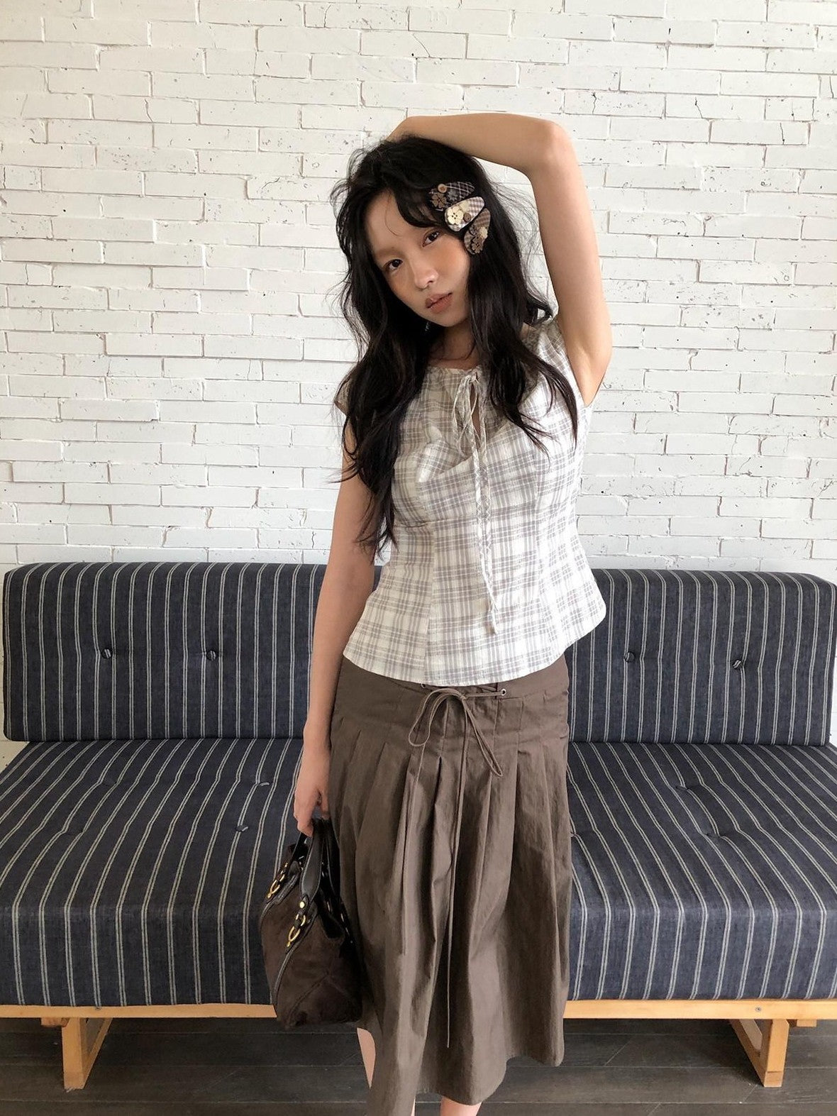 Dorydory Checked Tie Neck Bow Waist Cinch Raglan Women&