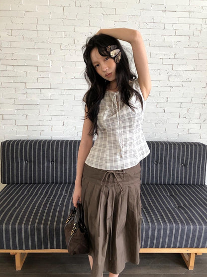Dorydory Checked Tie Neck Bow Waist Cinch Raglan Women&