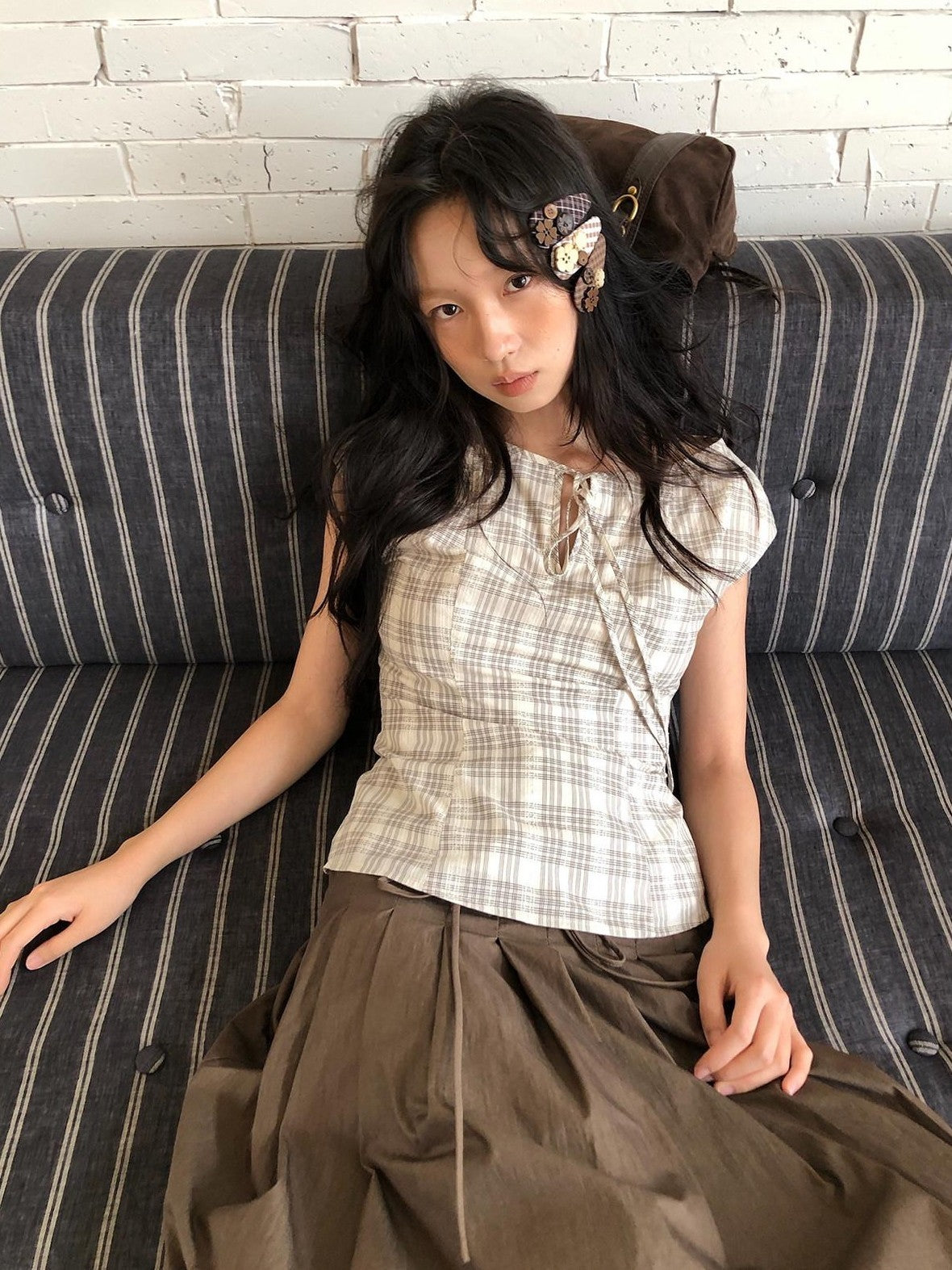 Dorydory Checked Tie Neck Bow Waist Cinch Raglan Women&