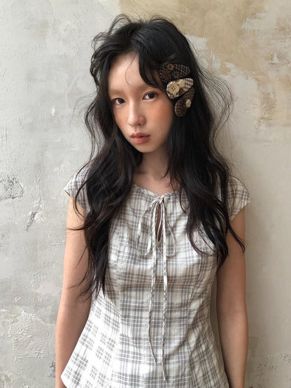 Dorydory Checked Tie Neck Bow Waist Cinch Raglan Women&