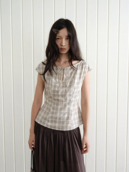 Dorydory Checked Tie Neck Bow Waist Cinch Raglan Women&
