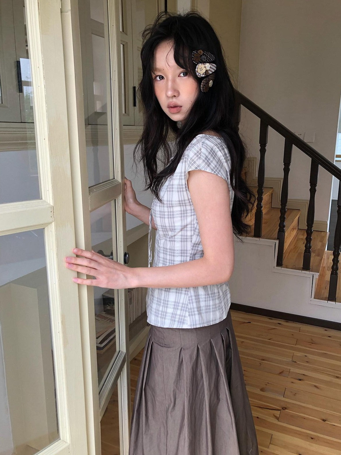 Dorydory Checkered Plaid Button Side Clip Vintage Women&
