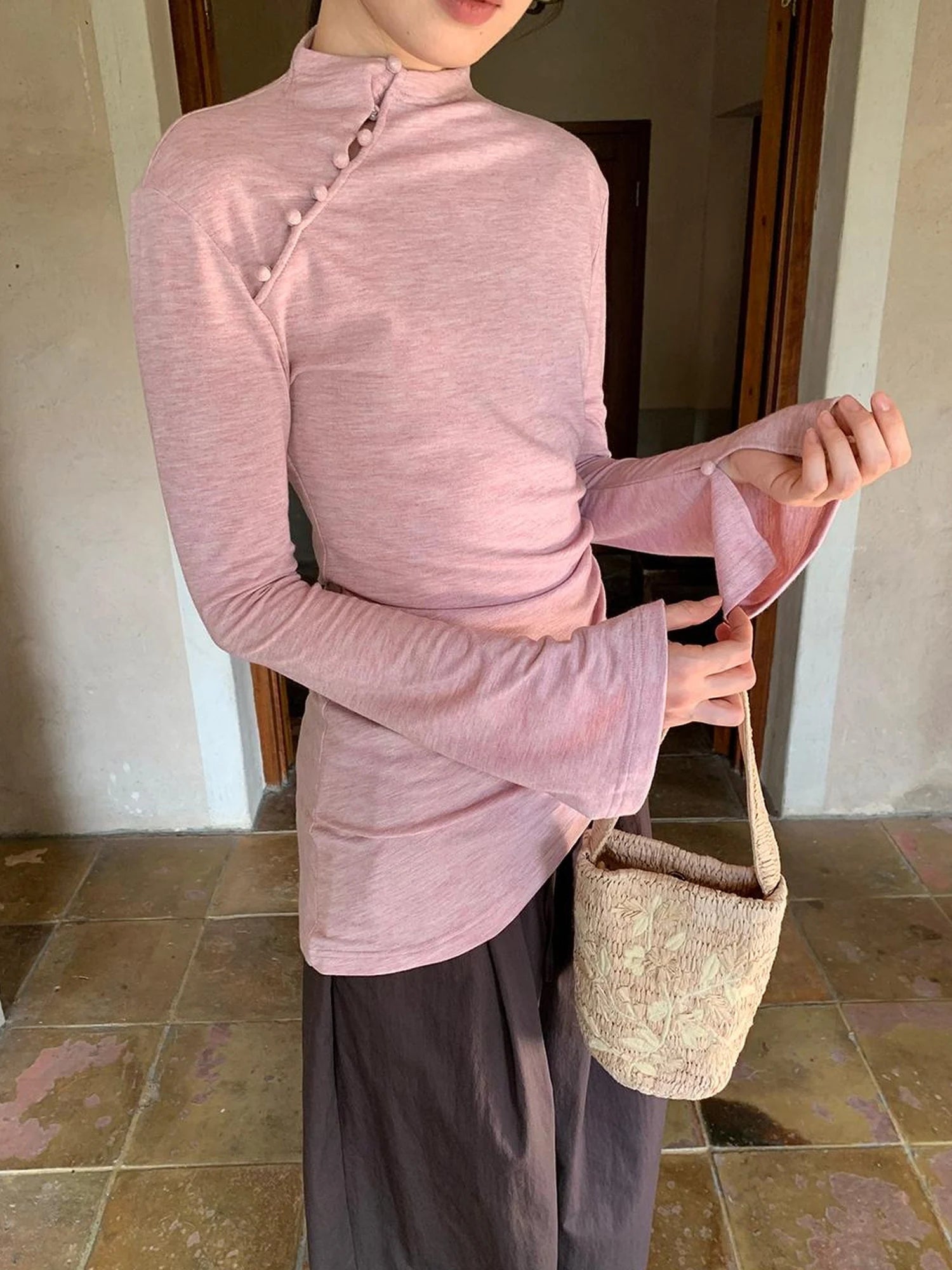 Chinese Knot Button Tunic Top With Flared Sleeves