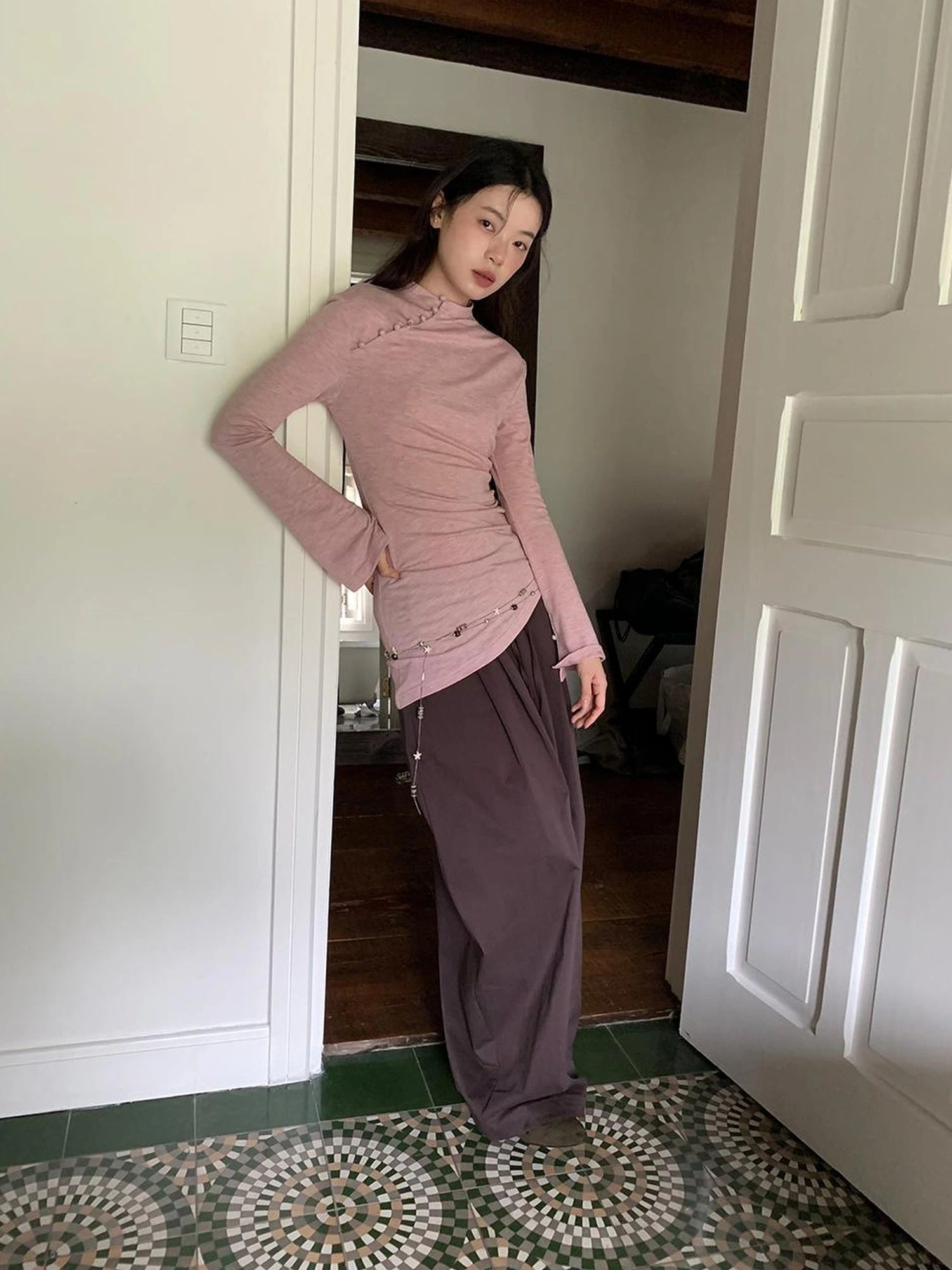 Chinese Knot Button Tunic Top With Flared Sleeves