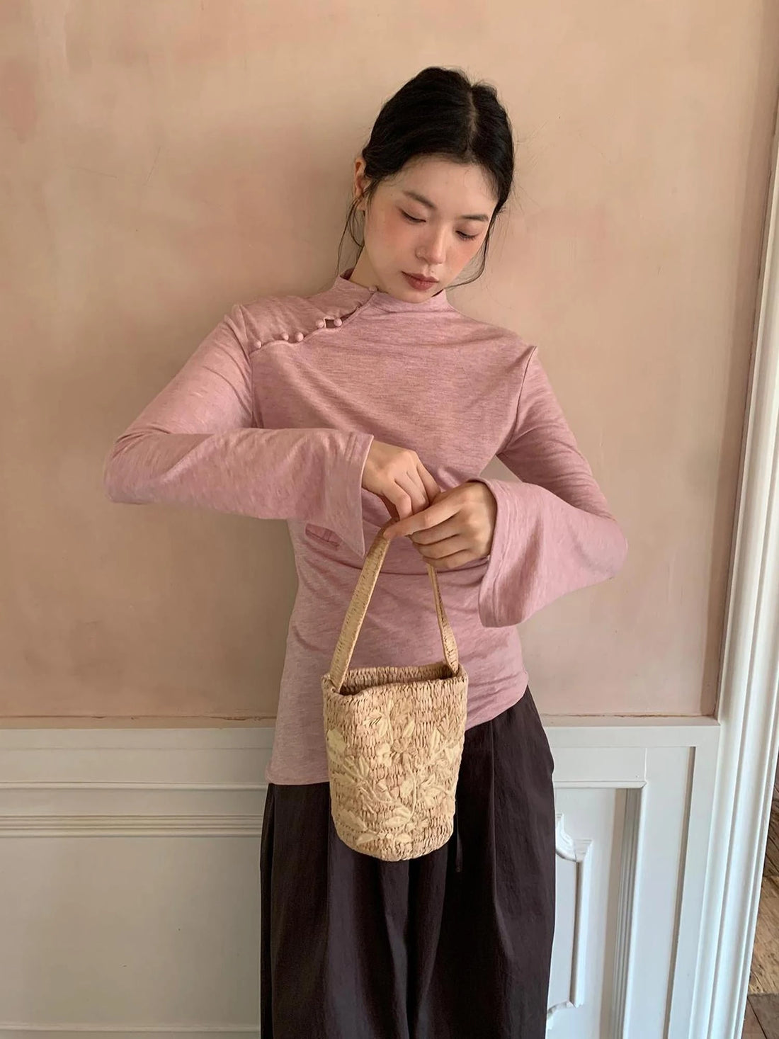 Chinese Knot Button Tunic Top With Flared Sleeves