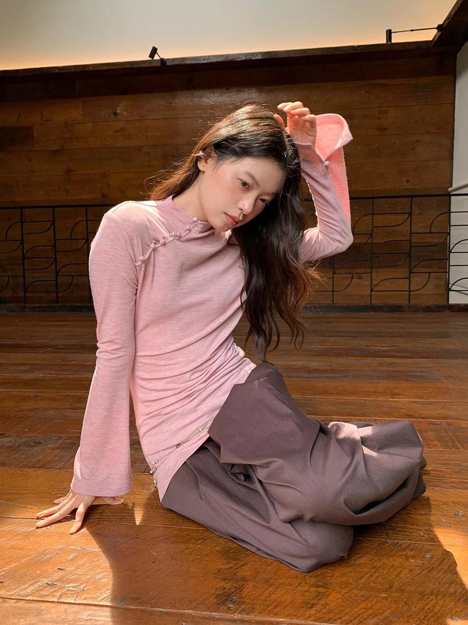 Chinese Knot Button Tunic Top With Flared Sleeves