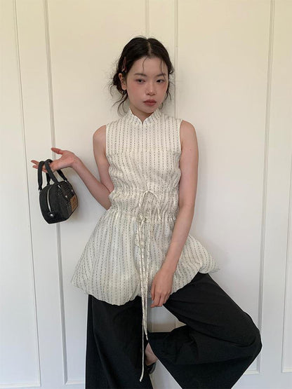 Dorydory Chinese Stand Collar Drawstring Blouse With Floral Hem