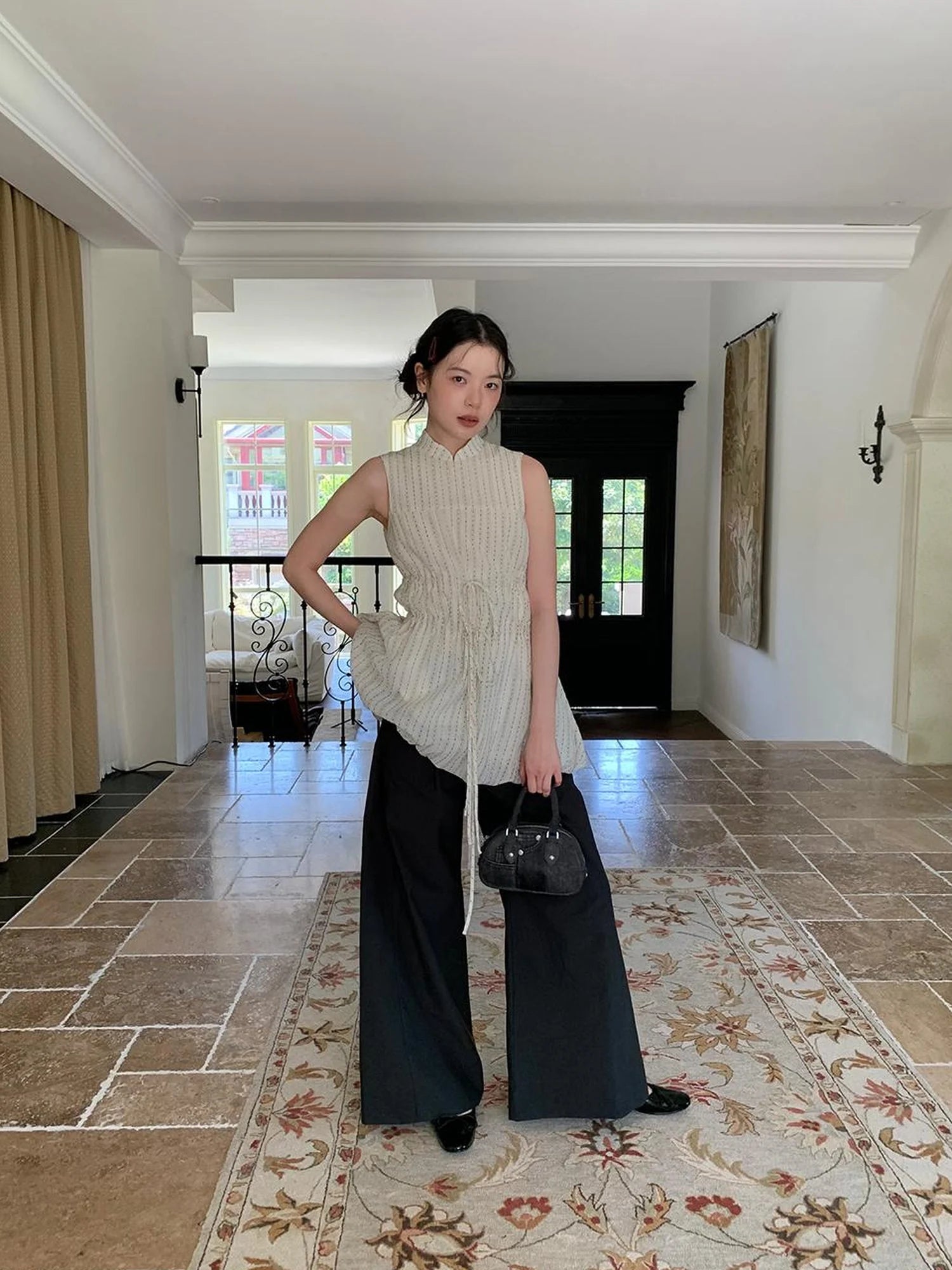 Chinese Stand Collar Drawstring Blouse With Floral Hem