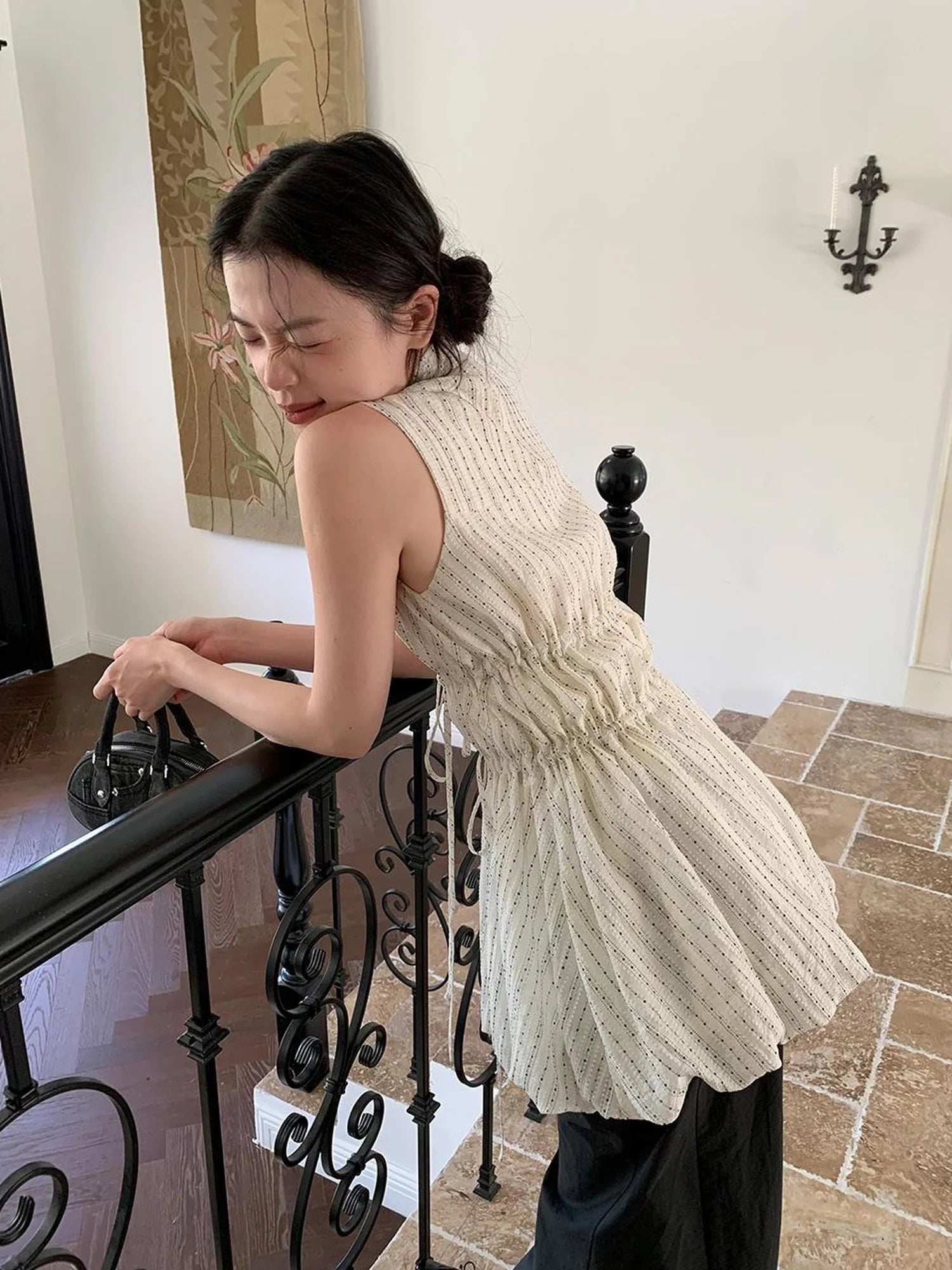 Chinese Stand Collar Drawstring Blouse With Floral Hem