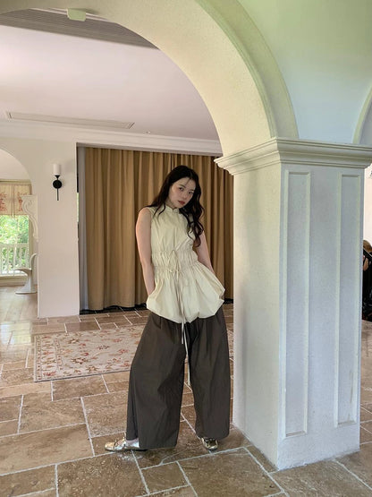 Chinese Stand Collar Drawstring Blouse With Floral Hem