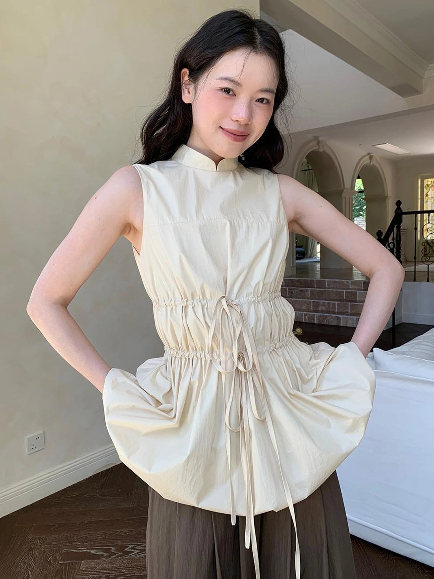 Chinese Stand Collar Drawstring Blouse With Floral Hem