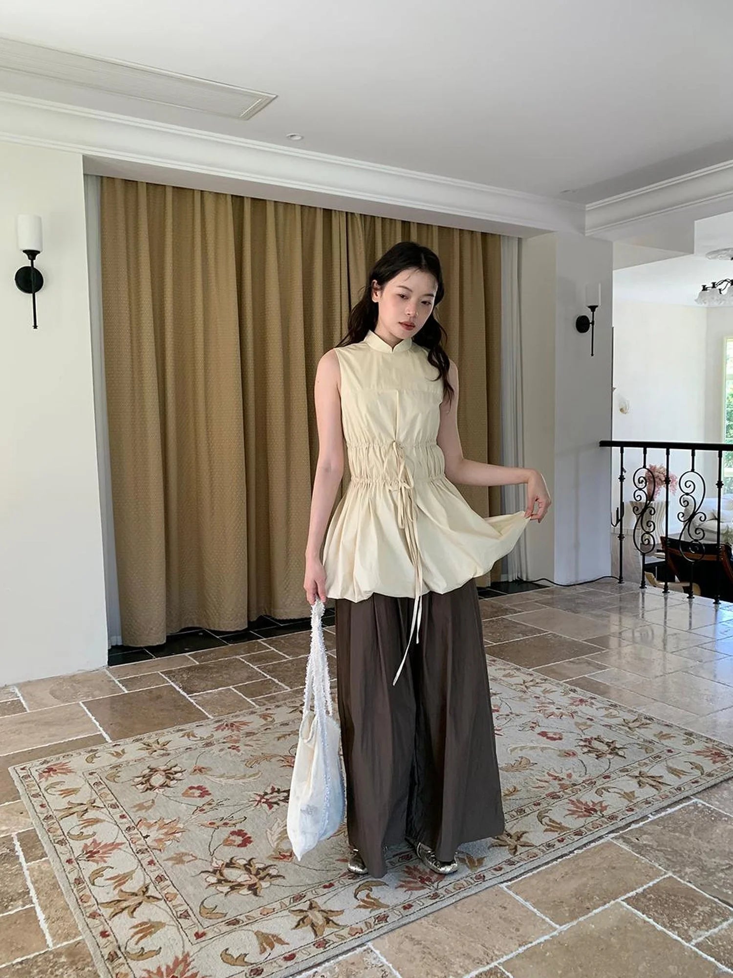 Chinese Stand Collar Drawstring Blouse With Floral Hem