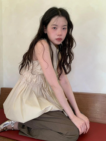 Chinese Stand Collar Drawstring Blouse With Floral Hem