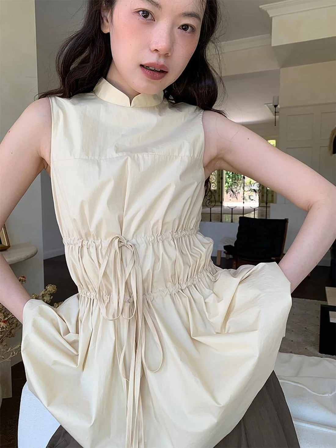 Chinese Stand Collar Drawstring Blouse With Floral Hem