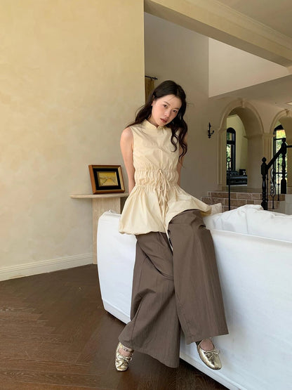 Chinese Stand Collar Drawstring Blouse With Floral Hem