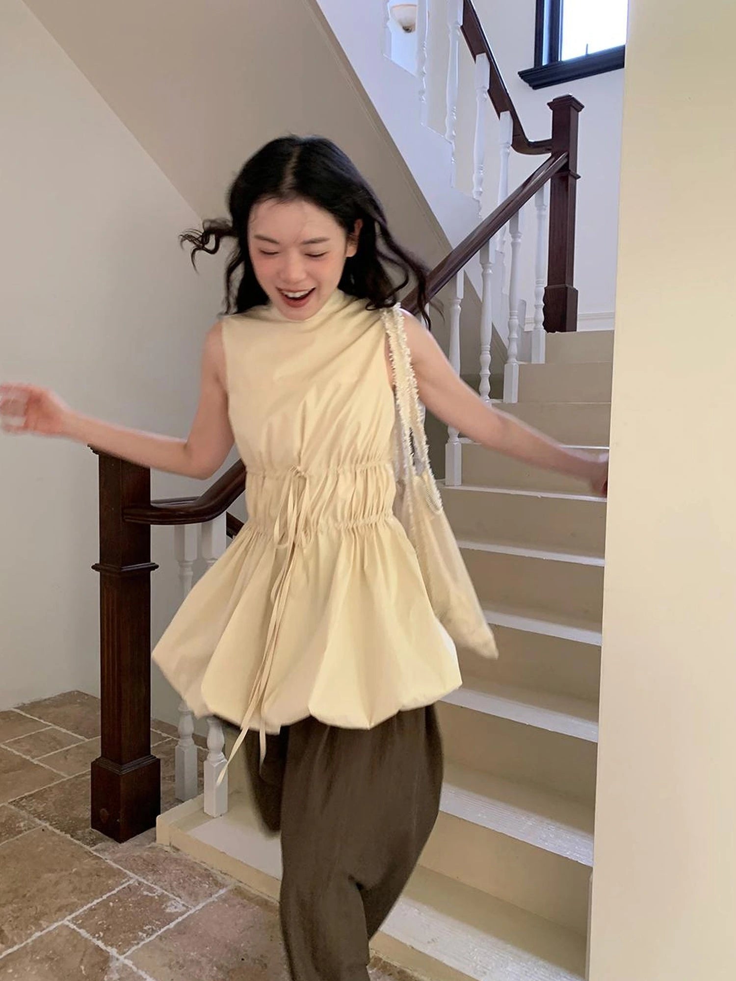 Chinese Stand Collar Drawstring Blouse With Floral Hem