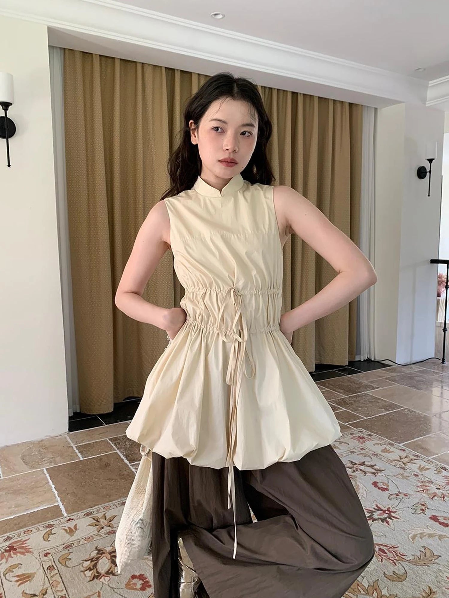 Chinese Stand Collar Drawstring Blouse With Floral Hem