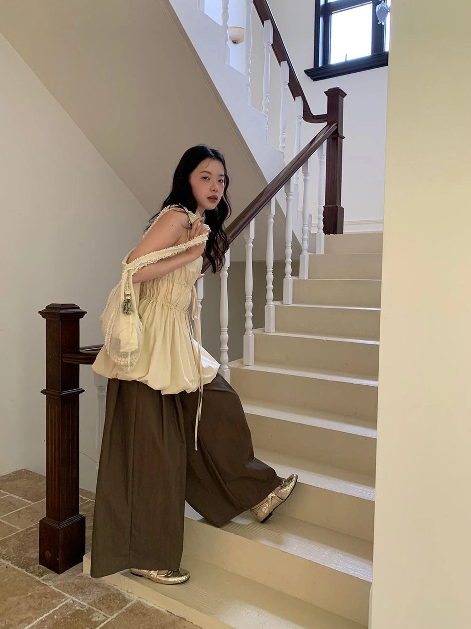 Chinese Stand Collar Drawstring Blouse With Floral Hem