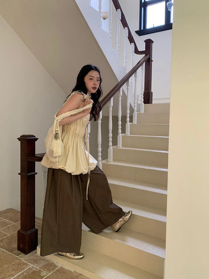 Chinese Stand Collar Drawstring Blouse With Floral Hem