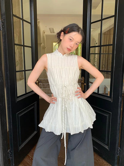 Chinese Stand Collar Drawstring Blouse With Floral Hem