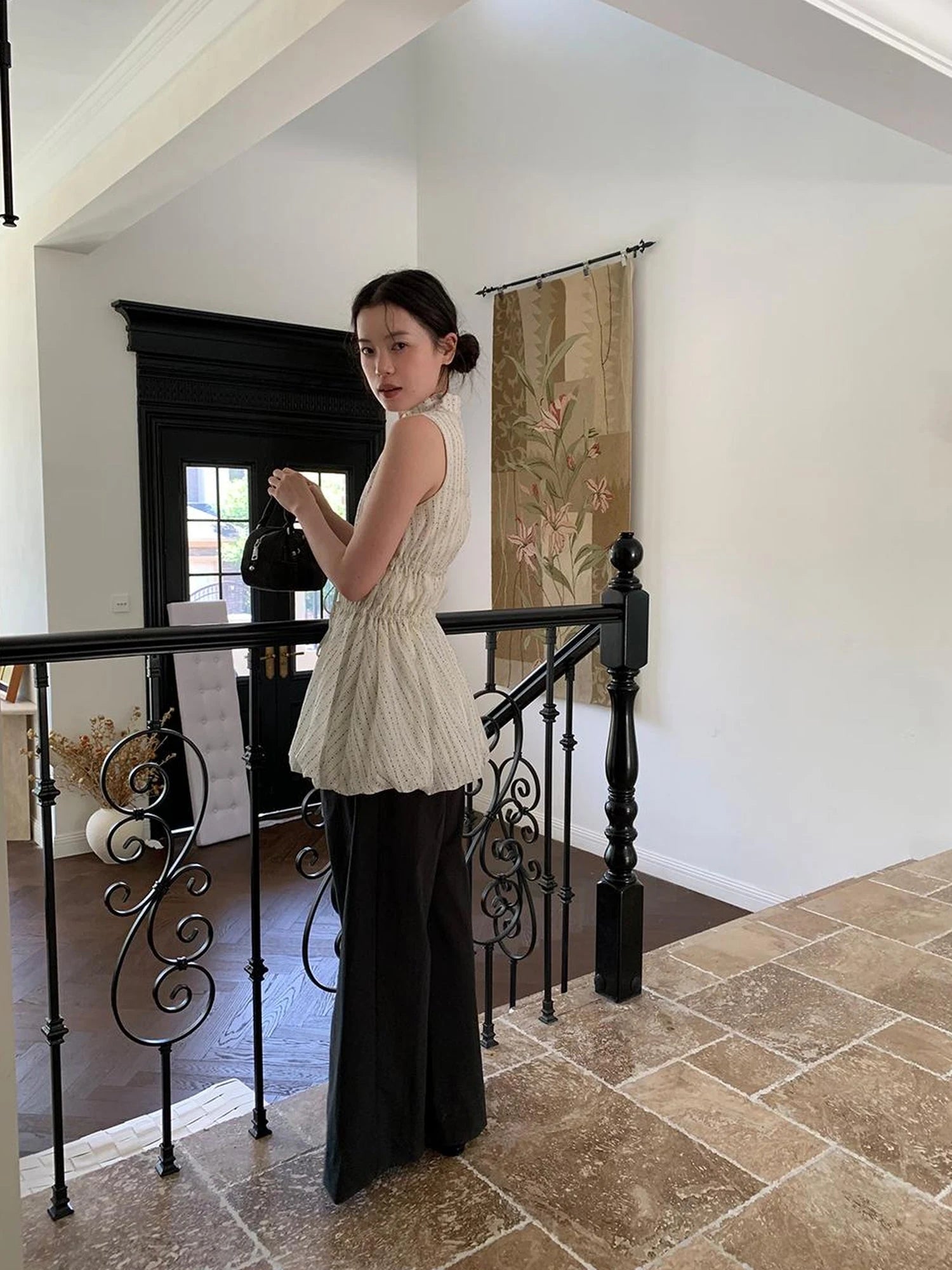 Chinese Stand Collar Drawstring Blouse With Floral Hem