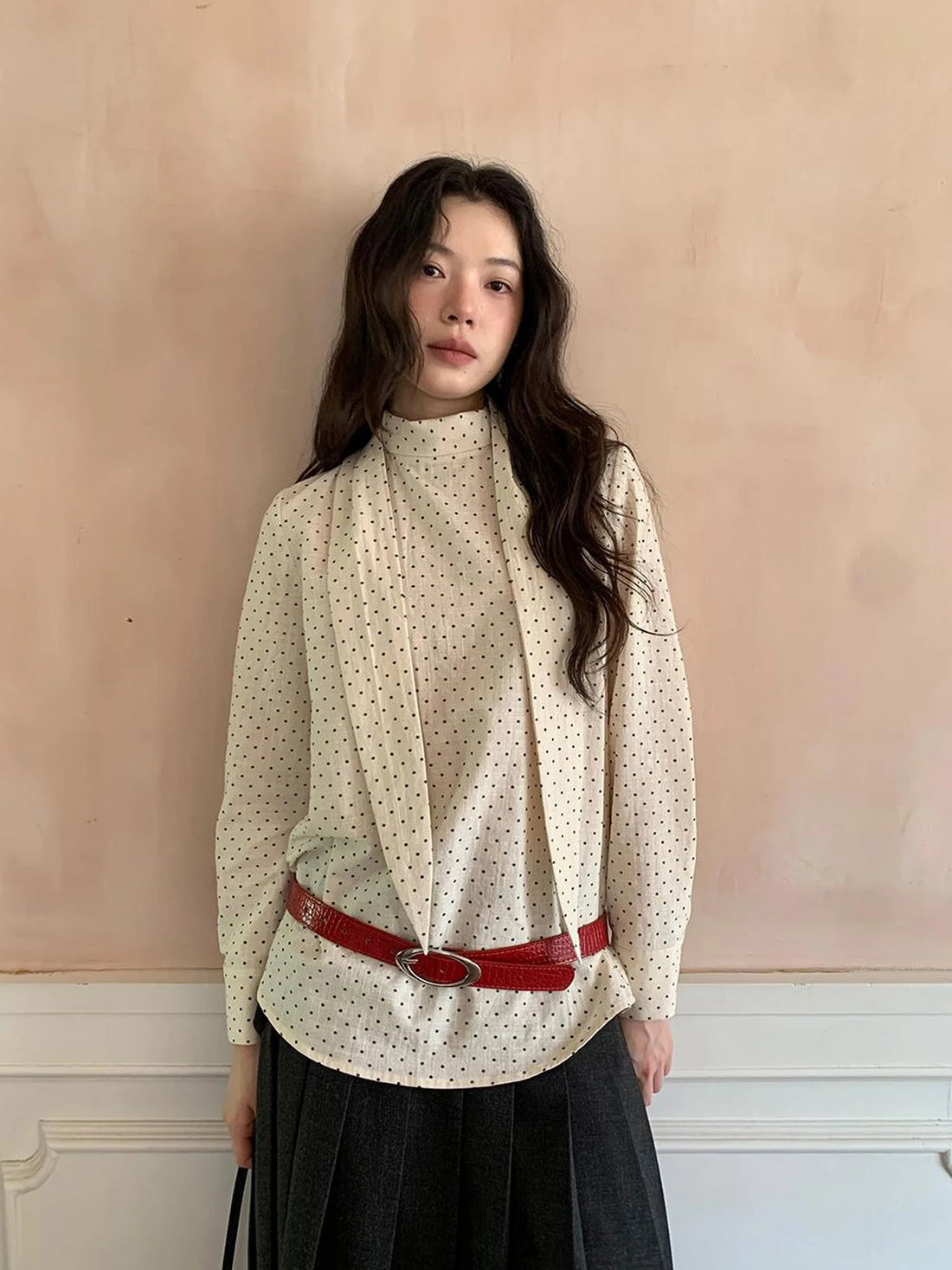 Classic Dot Bow Tie Blouse With Detachable High Collar