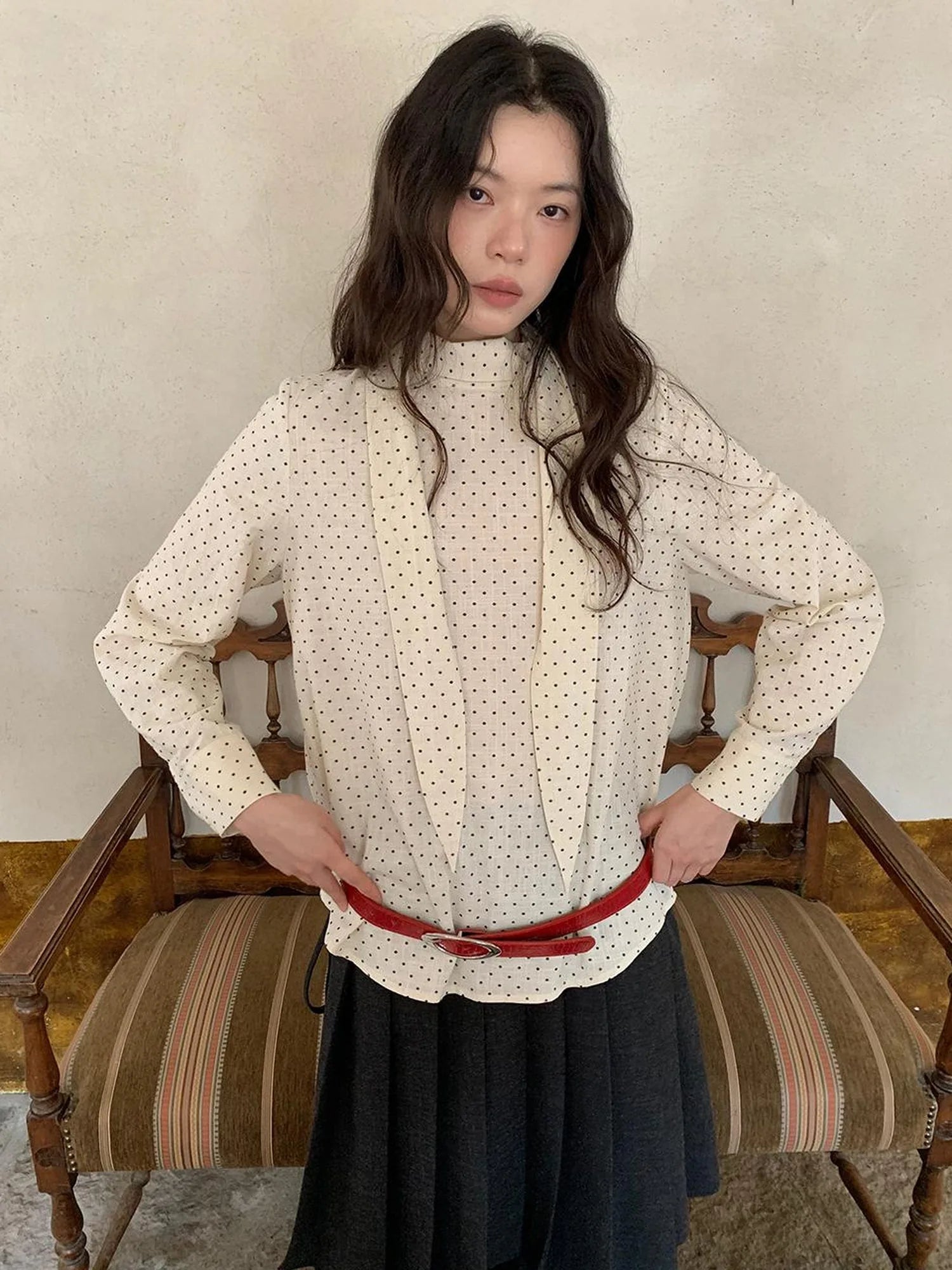 Classic Dot Bow Tie Blouse With Detachable High Collar