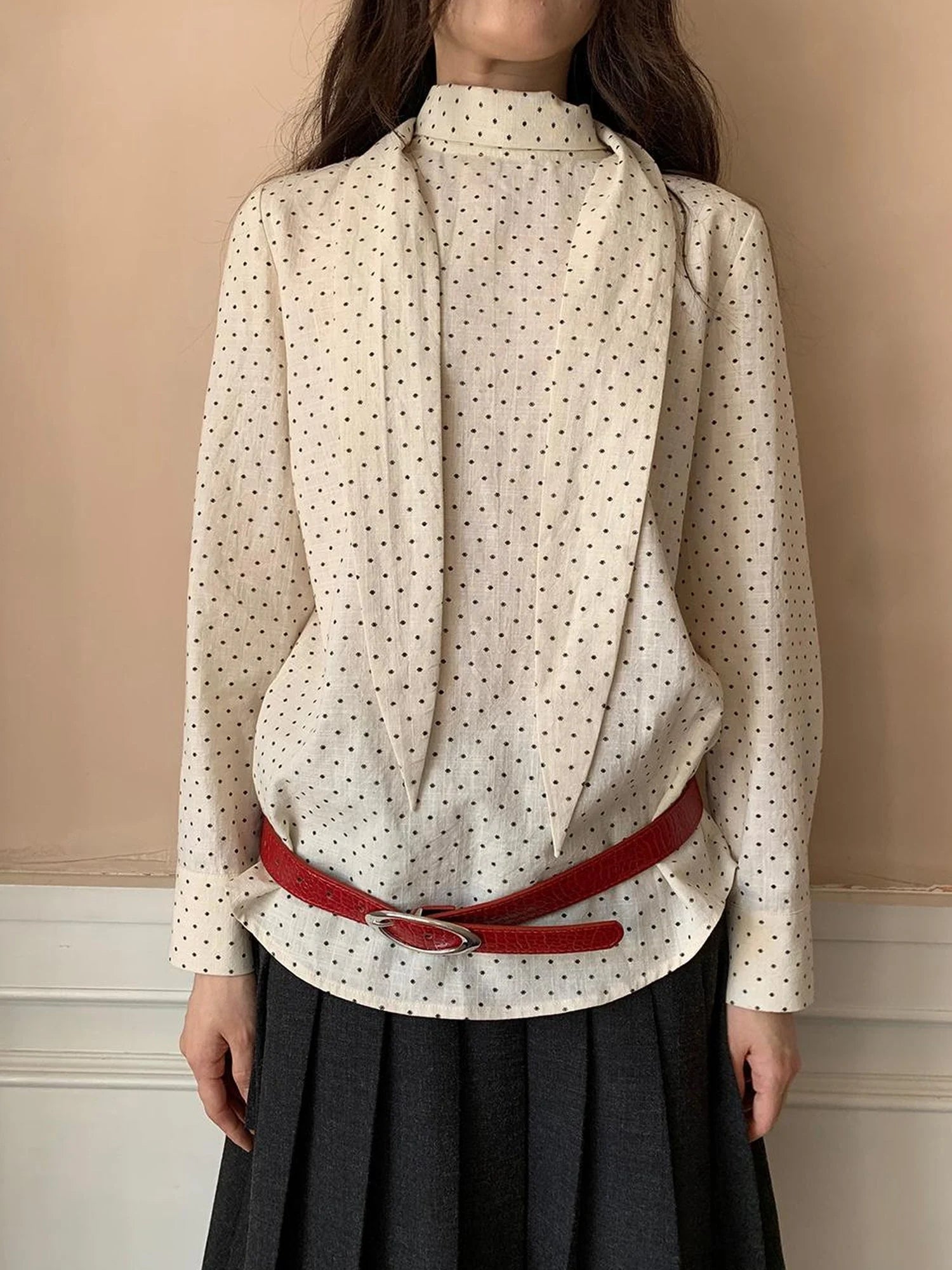 Classic Dot Bow Tie Blouse With Detachable High Collar